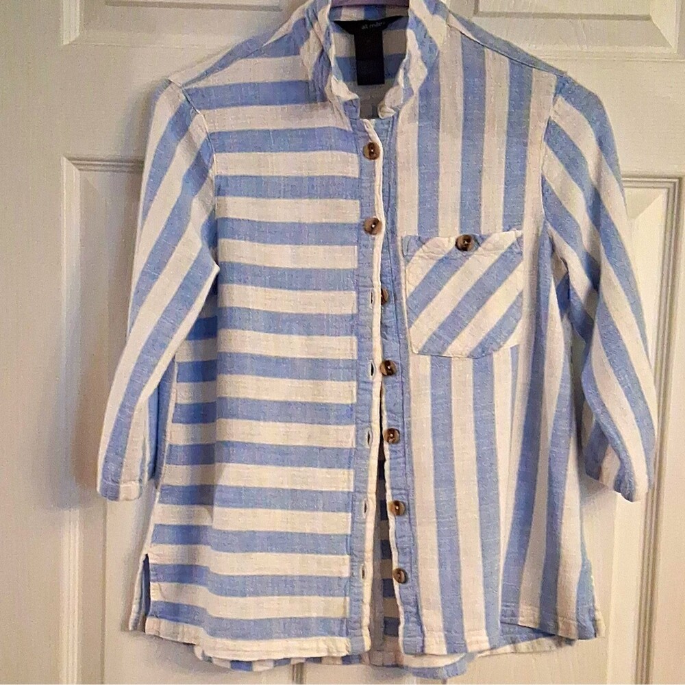 ali miles Petites PS Blue/White Striped Linen Rayon 3/4 Sleeve Wired Collar Top